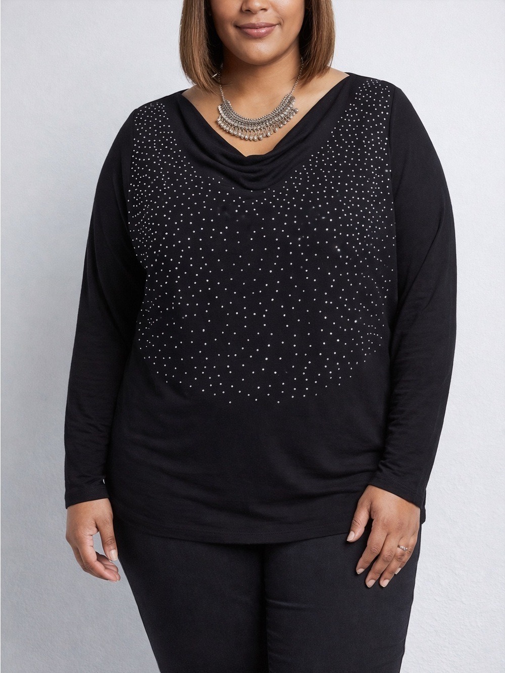 😍CLEARANCE  -  Black Cowl Neck Silver Studs Top 1X